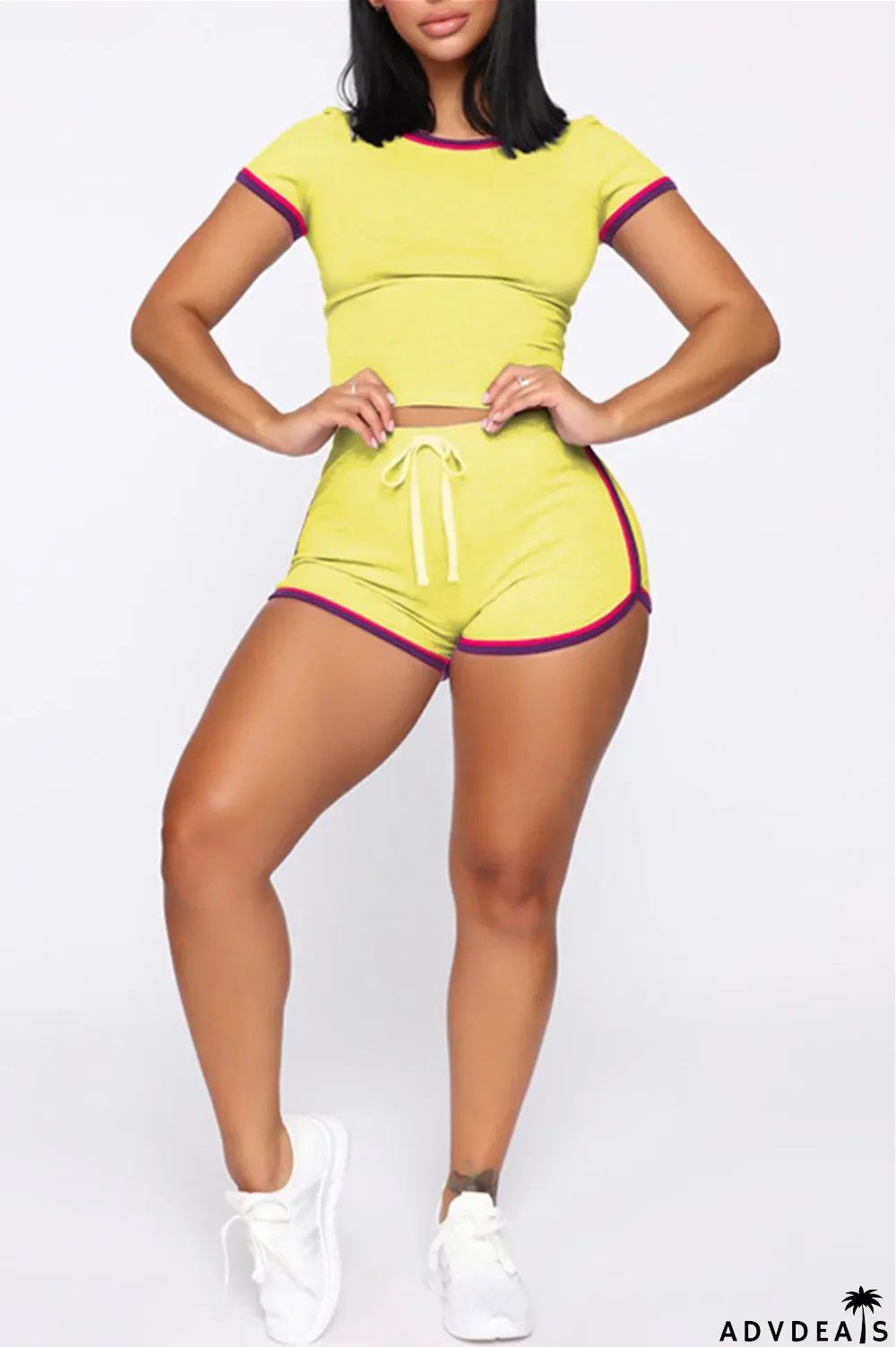 Yellow Fashion Casual Striped Solid Split Joint O Neck Short Sleeve Two Pieces