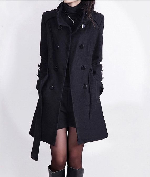 Stand Collar Double Button Belt Slim Plus Size Woolen Coat