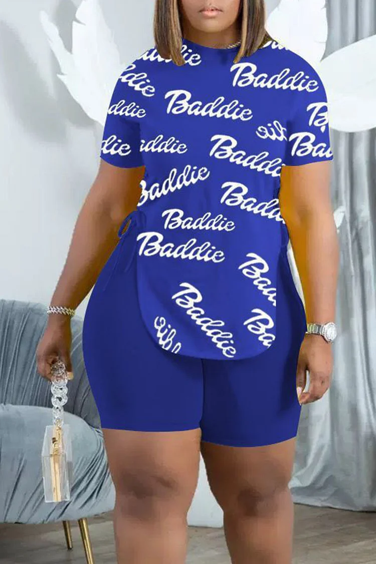 Blue Casual Print Split Joint O Neck Plus Size Two Pieces