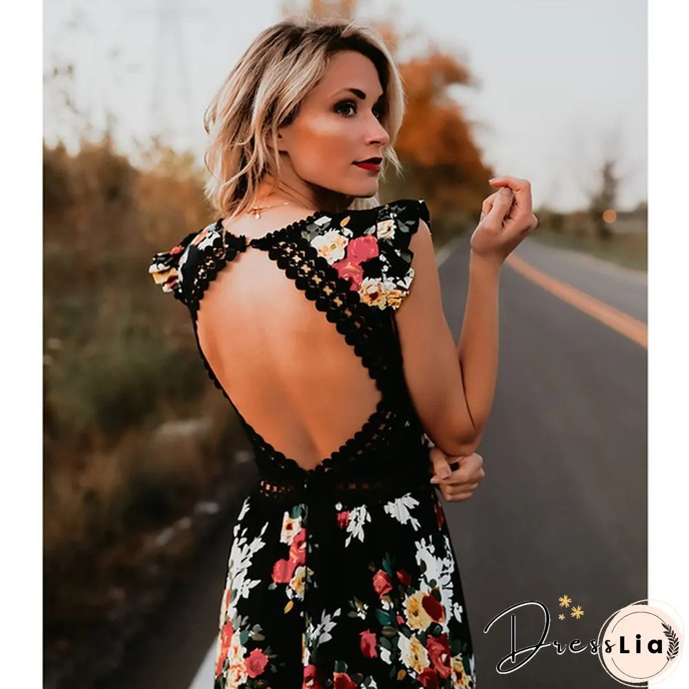 Summer Women Lace Hollow Backless Irregular Floral Long Beach Dress