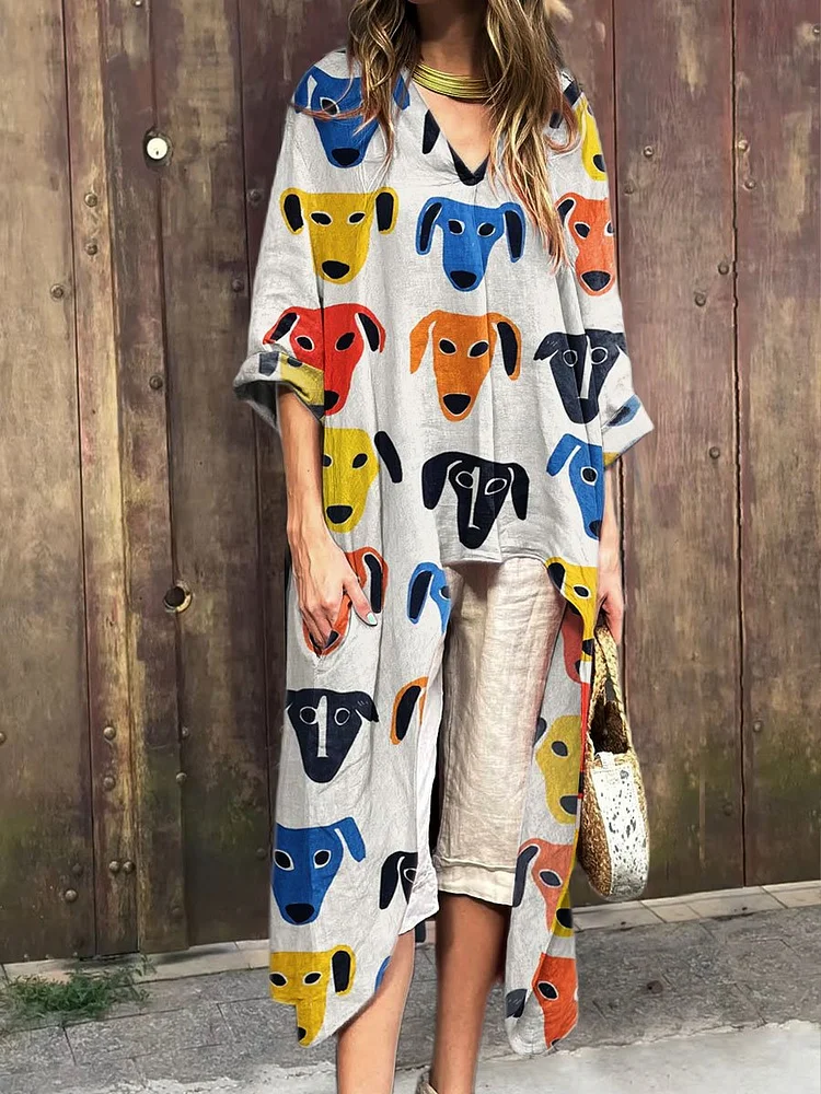 Women's Vintage Cute Dog Art Print V-Neck Cotton Short Sleeve Dress