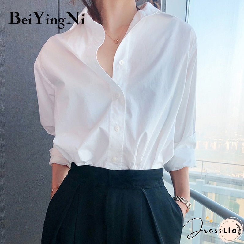 Christmas Gift Beiyingni Vintage Cotton Shirts Female Plain Casual Loose Korean Long Sleeve Blouses Women Plus Size Harajuku Chic Elegant Tops