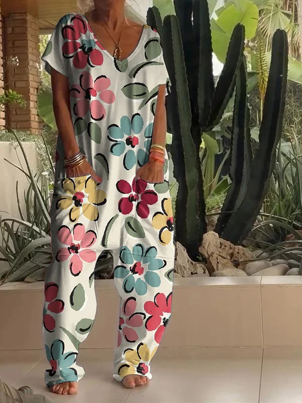 Casual Floral Print V-neck Jumpsuit