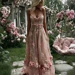 Women's Vintage Pink Rose Art V Neck Suspender Maxi Dress - Image 2
