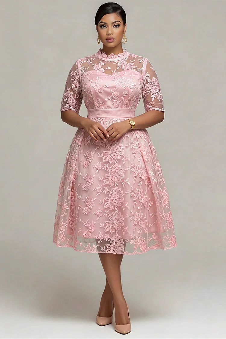 Xpluswear Design Plus Size Mother Of The Bride Pink Round Neck Short Sleeve See Through Guipure Lace Midi Dresses 2024 - Xpluswear