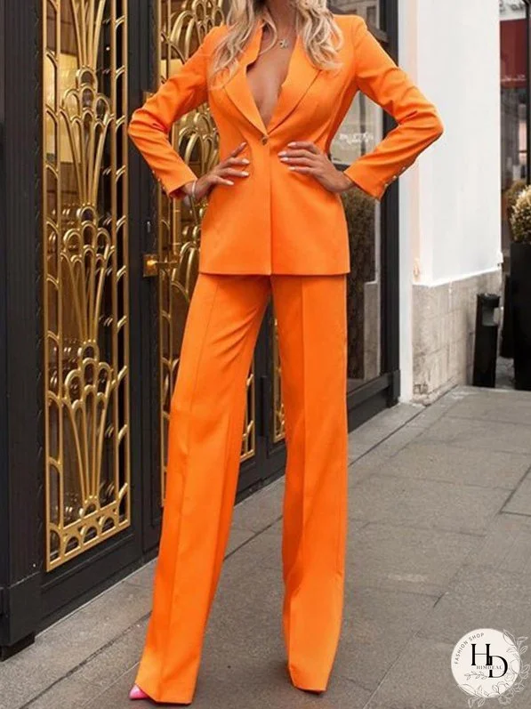 Solid Lapel Blazer & Pants Two-Piece Set