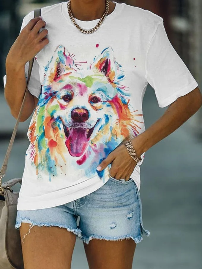 Women's Cute Funny Watercolor Samoyed Print T-Shirt