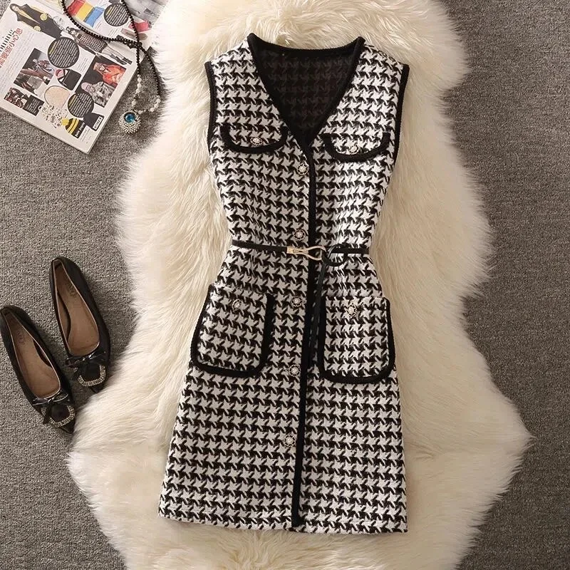 Toloer plaid Mid-Length Tweed Vest Jacket with belt Casual Long Waistcoat And Knitted Sweater Elegant 2 Piece Set Women Outfits 703-0