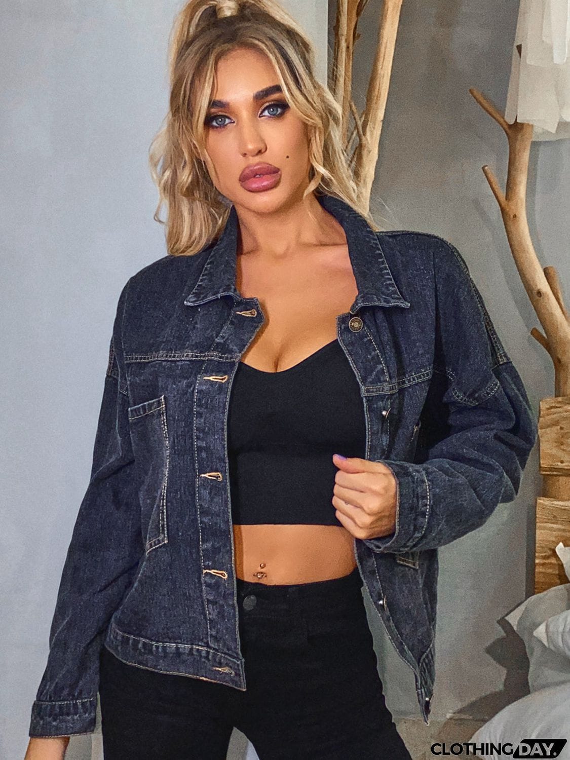 Collared Neck Dropped Shoulder Denim Jacket