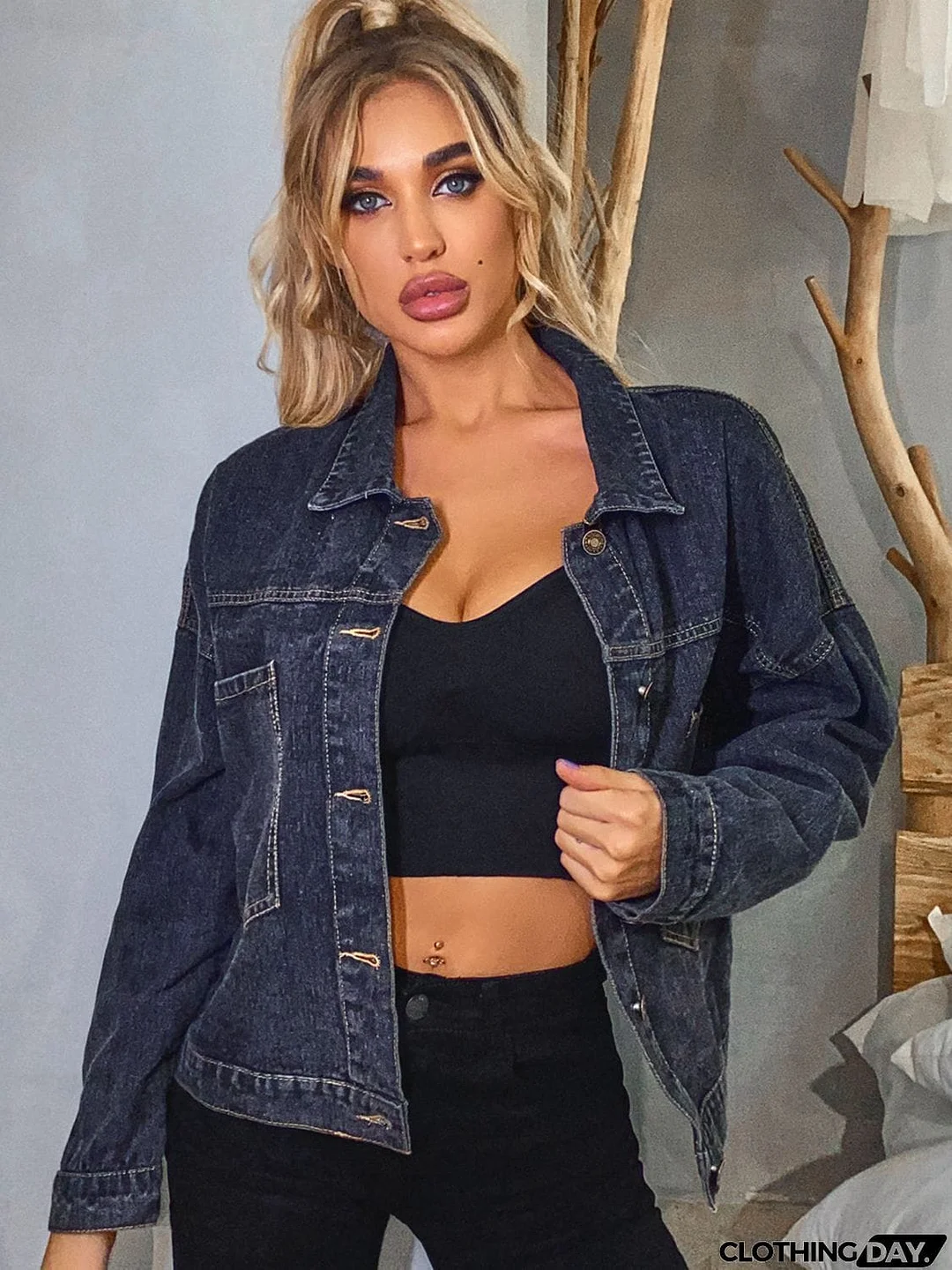 Collared Neck Dropped Shoulder Denim Jacket
