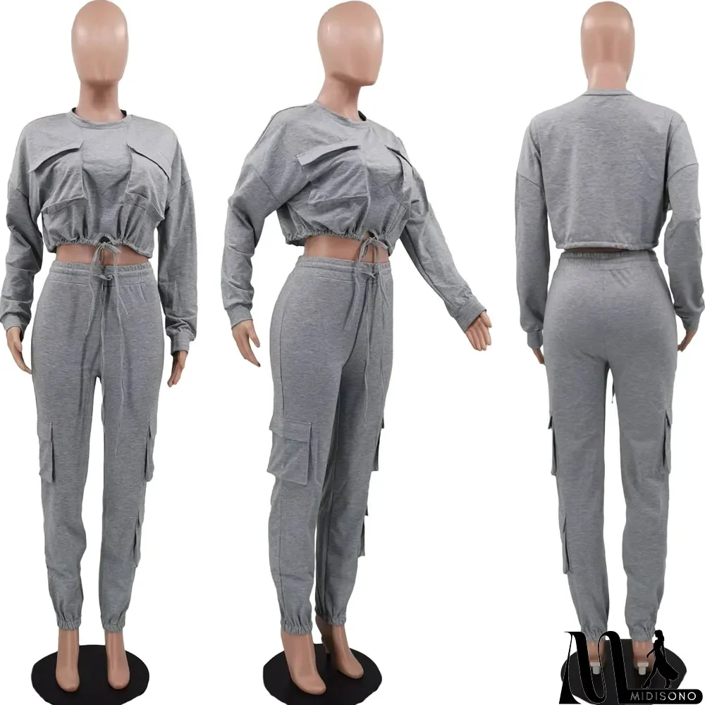 MidiSono - Solid Color Drawstring Crop Tops And Pant 2 Piece Set