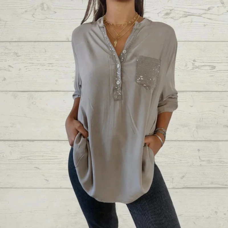 Sequin Pockets V Neck Blouse