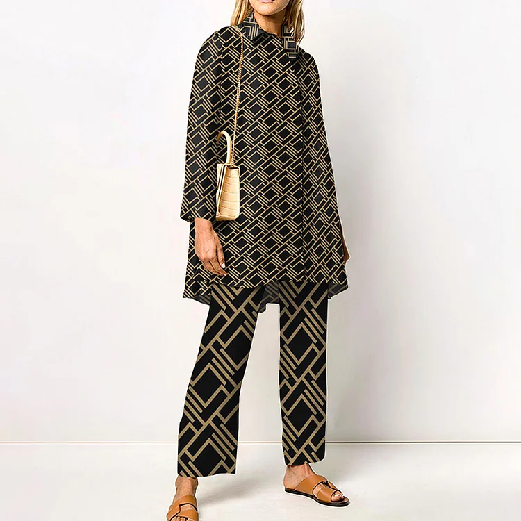 Contrast Geometric Print Long Sleeve Two Piece Set