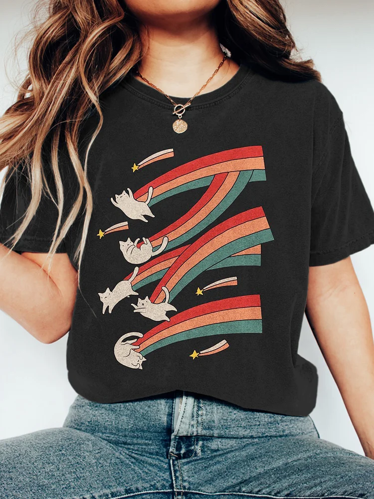 Rainbow Cat Art Print Washed Cotton T-Shirt