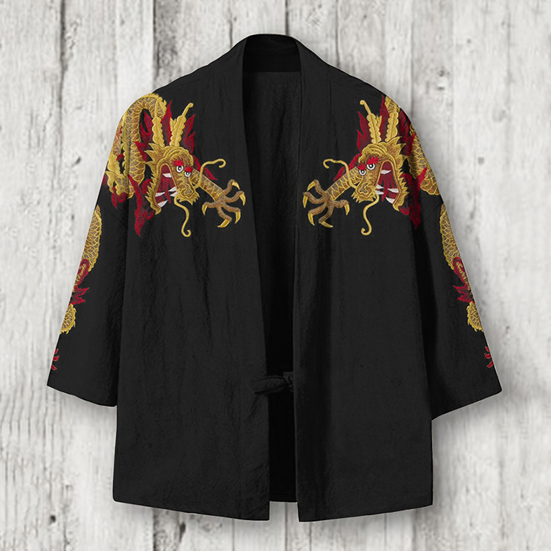 Men's Embroidery Dragon Art Linen Blend Kimono Cardigan