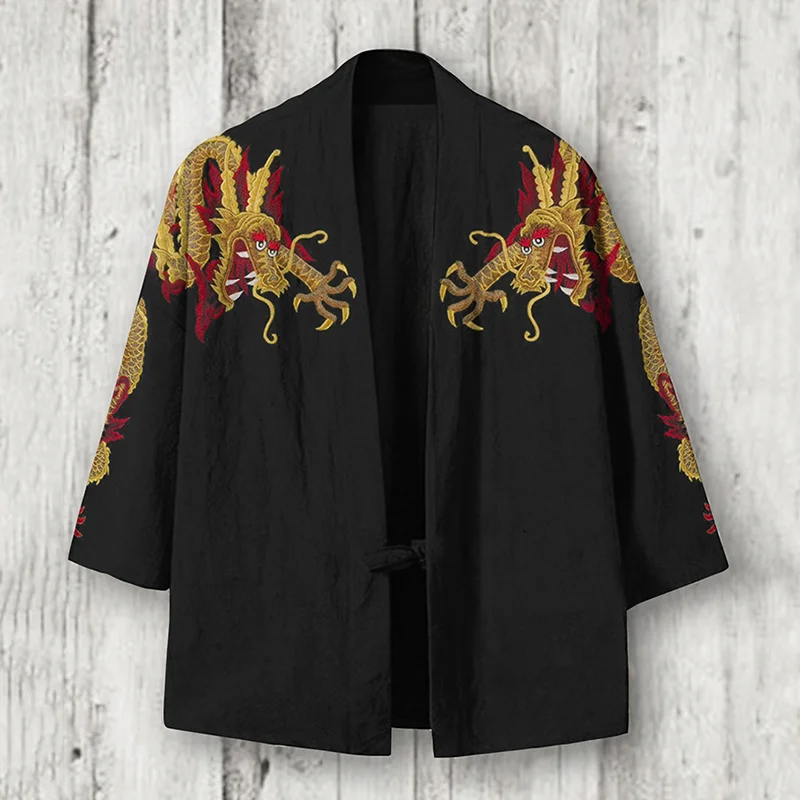 Men's Embroidery Dragon Art Linen Blend Kimono Cardigan