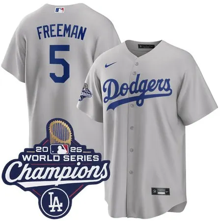Men's Los Angeles Dodgers #5 Freddie Freeman  Gray 2025 World Series Champions Home Replica Jersey