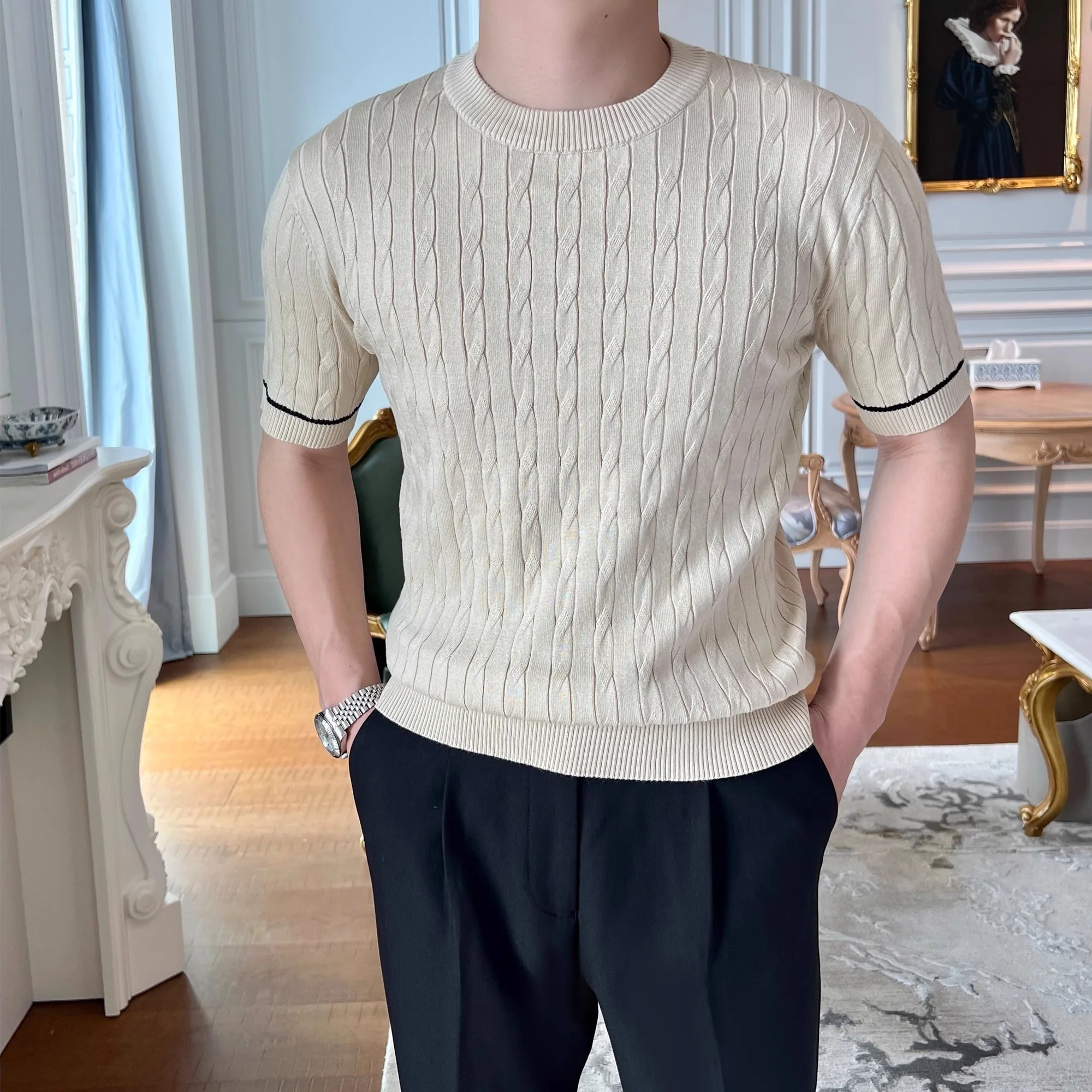 Men's Fashion Knit T-Shirt Slimming Style Round Neck Short Sleeves Lightweight Summery Tops Screw Thread Base Layer