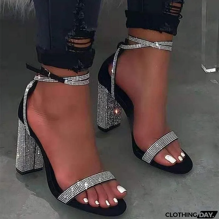 Women Fashion Rhinestone Buckle Strap High Heel Sandals