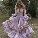 Women's Vintage Roses Embroidery Art V-neck Long Sleeves Maxi Dress - Image 4