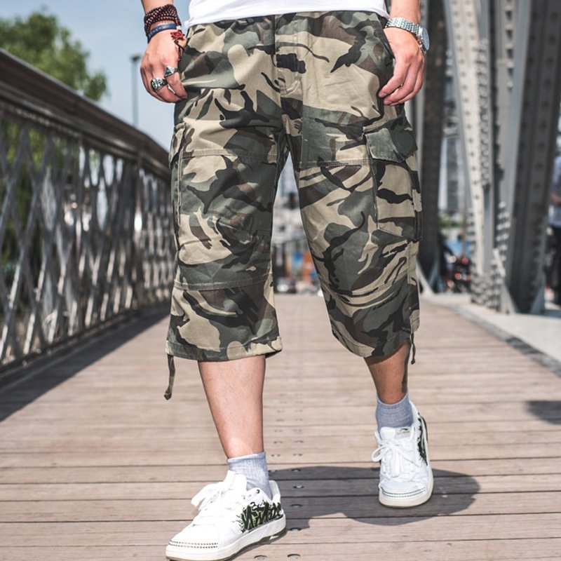 Men's Loose Multi-pocket Camouflage Overalls Cotton 7-point Pants