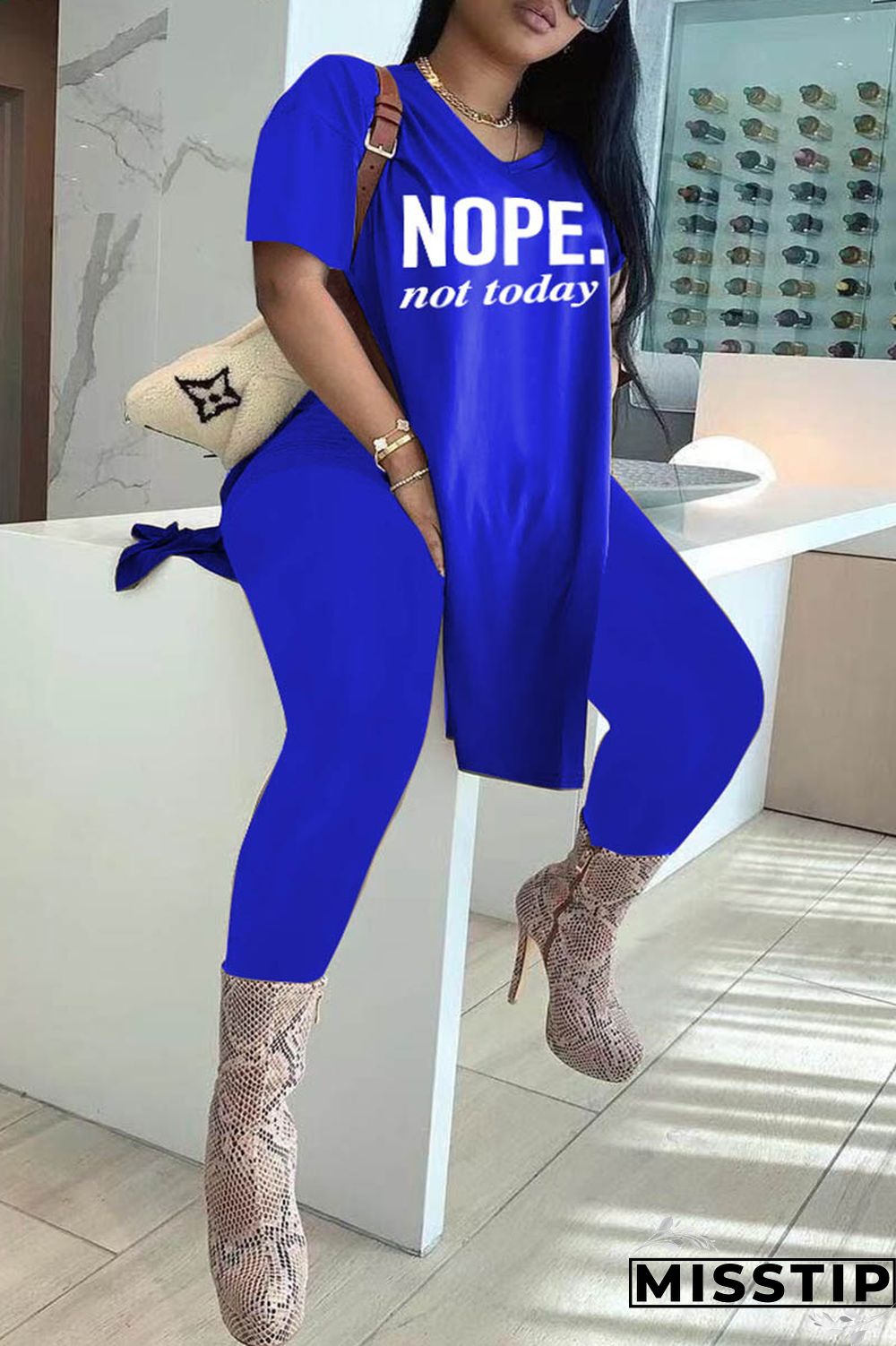 Black Fashion Casual Letter Print Slit V Neck Plus Size Two Pieces