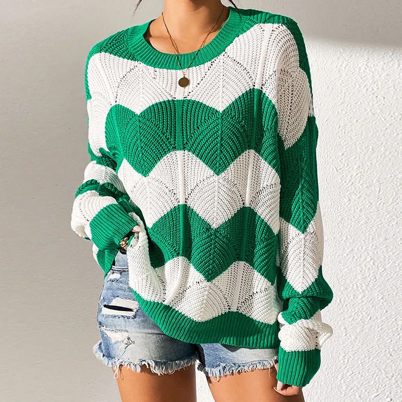 Athvotar Athvotar Yang Autumn New Fur Women's Loose Round Collar Hit The Striped Long-Sleeved Knitted Shirt Top