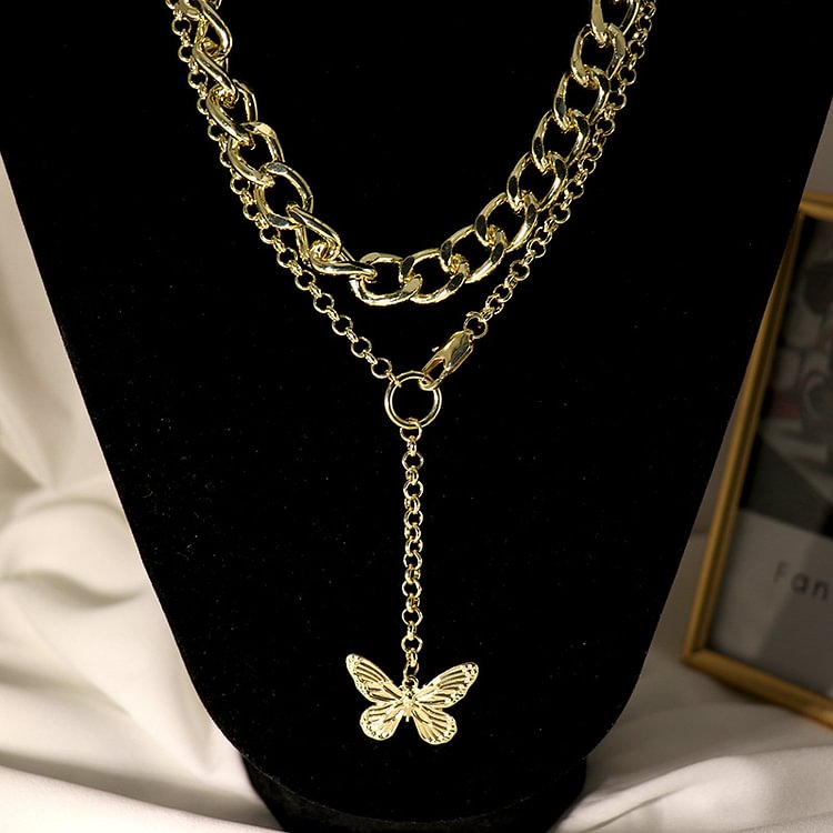 Double Layered Butterfly Pendant Fringe Necklace KERENTILA