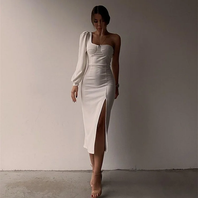 Promsstyle One shoulder plain side slit midi dress Prom Dress 2023