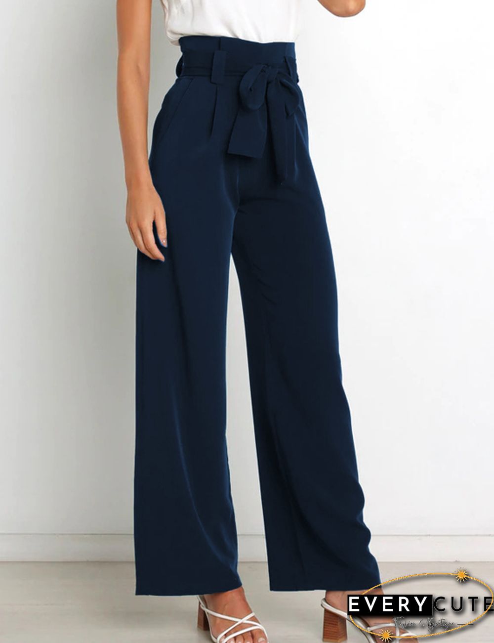 Navy Blue Wide Leg High Waist Pocket Pants with Belt