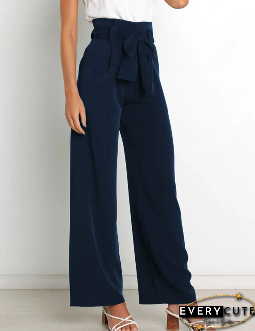 Navy Blue Wide Leg High Waist Pocket Pants with Belt
