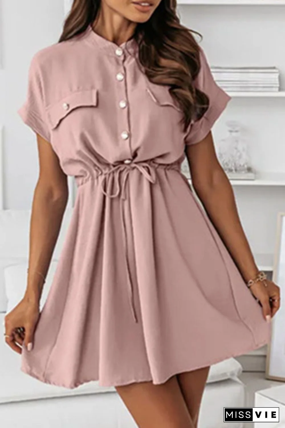 Casual Solid Draw String Buckle O Neck A Line Dresses