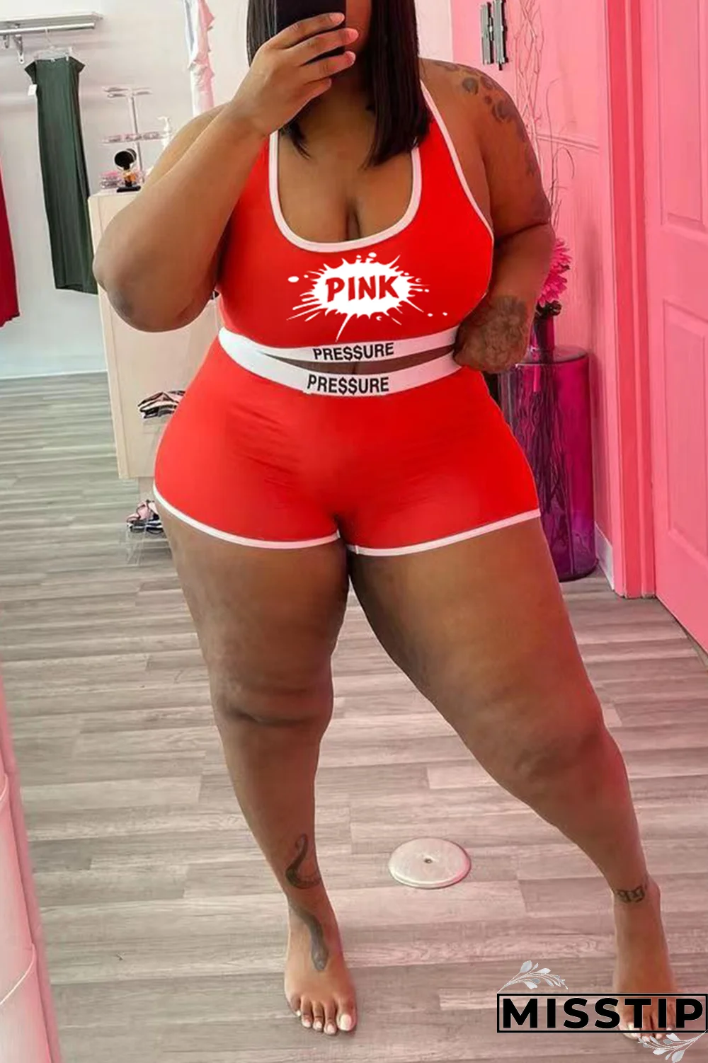 Black Street Print Patchwork U Neck Plus Size Two Pieces