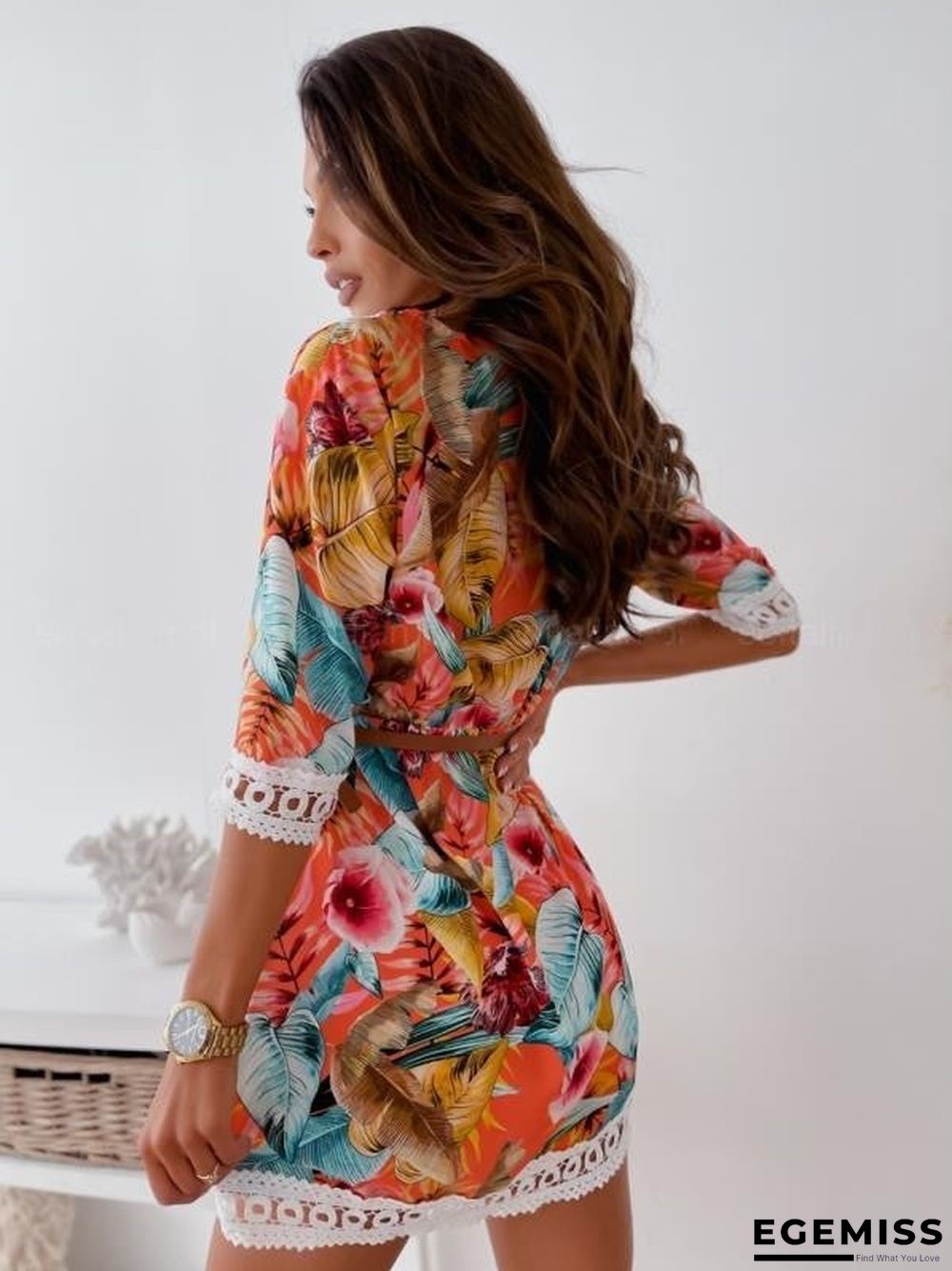 New Lace Printed Dress with Belt | EGEMISS