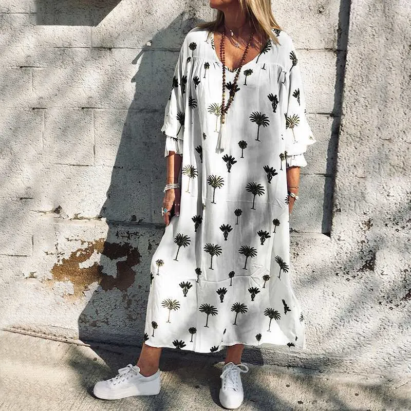 Large Size Beach Loose Mid-sleeve Dress-vocosishoes