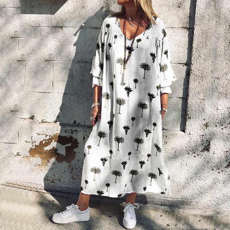 Fashion Large Beach Loose Medium Sleeve Dress White Dresses | EGEMISS