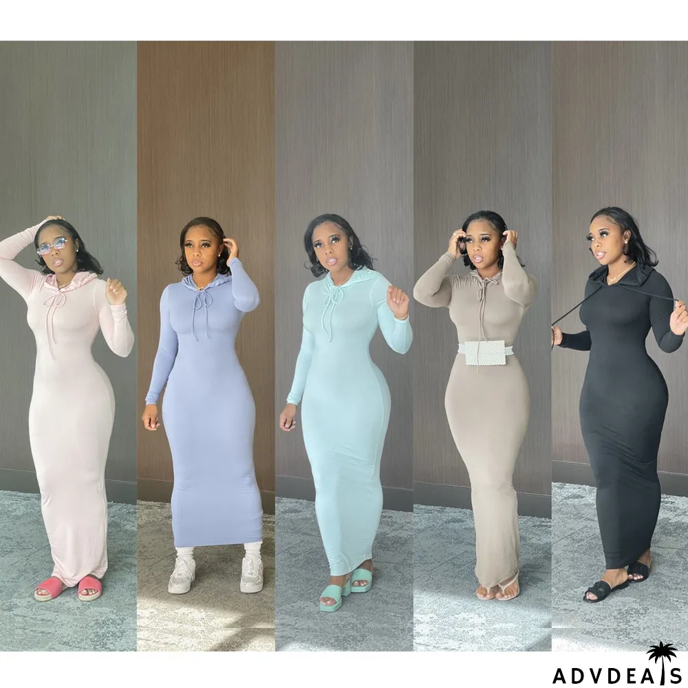 Pure Color High Stretch Warm Hooded Dress