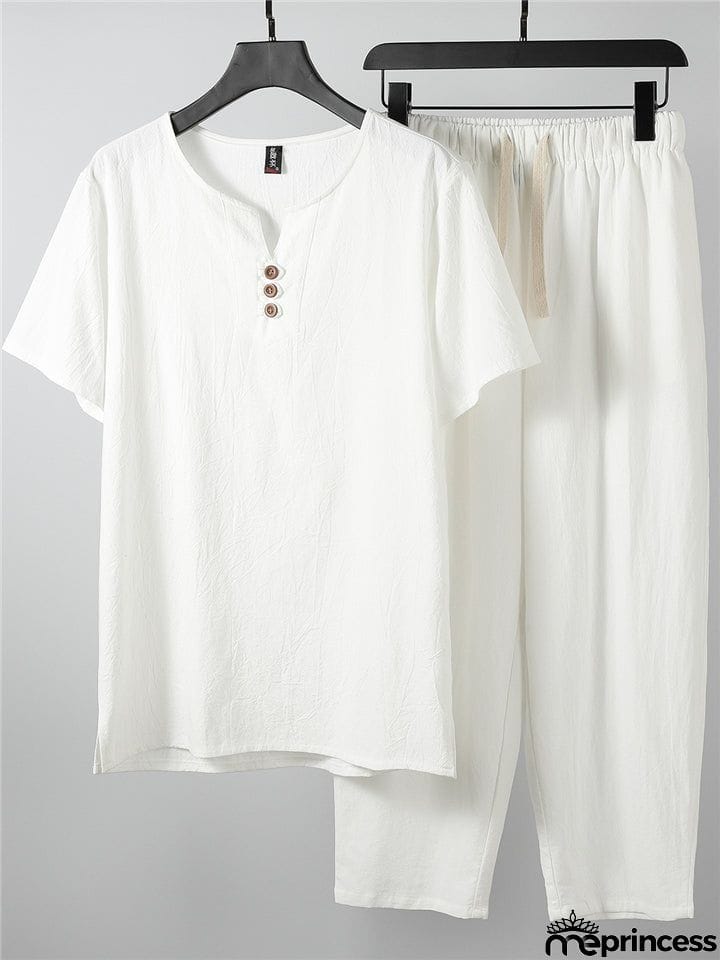 Laid-Back Style Notched Neck Button Detailing Soft Cotton Set T-Shirt + Drawstring Pants