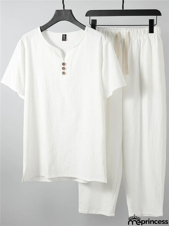 Laid-Back Style Notched Neck Button Detailing Soft Cotton Set T-Shirt + Drawstring Pants
