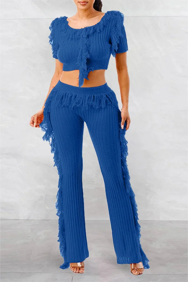 Casual Knitted Bearded T-shirt High-waisted Fringed Trousers Two-piece Set
