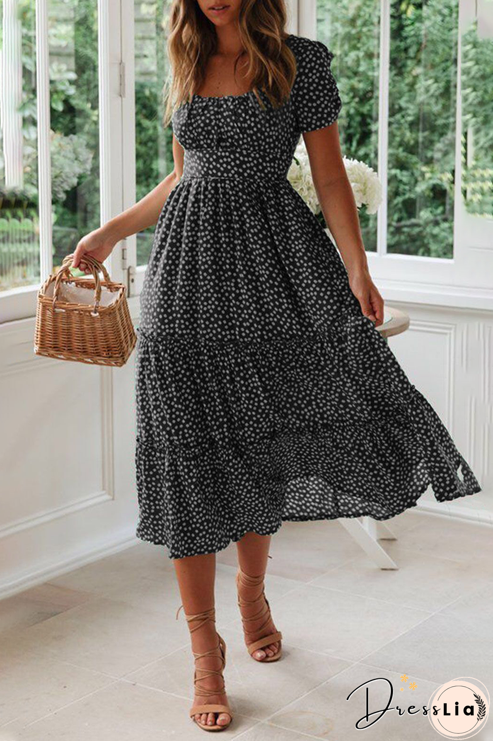 Casual Dot Square Collar Cake Skirt Dresses