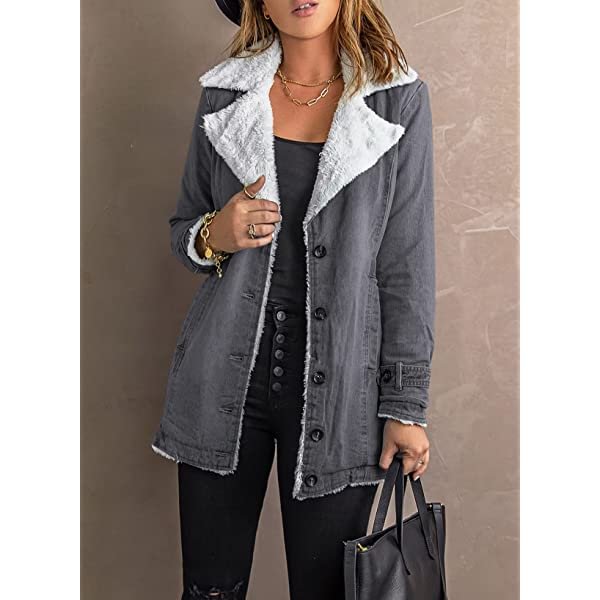 Women Denim Faux Fur Long Sleeve Lapel Collar Oversized Coat Outwear Small A Black