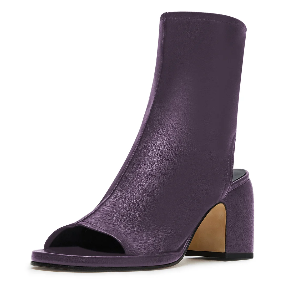Purple Vegan Leather Open Toe Cut-Out Side-Zip Block Heel Boots   