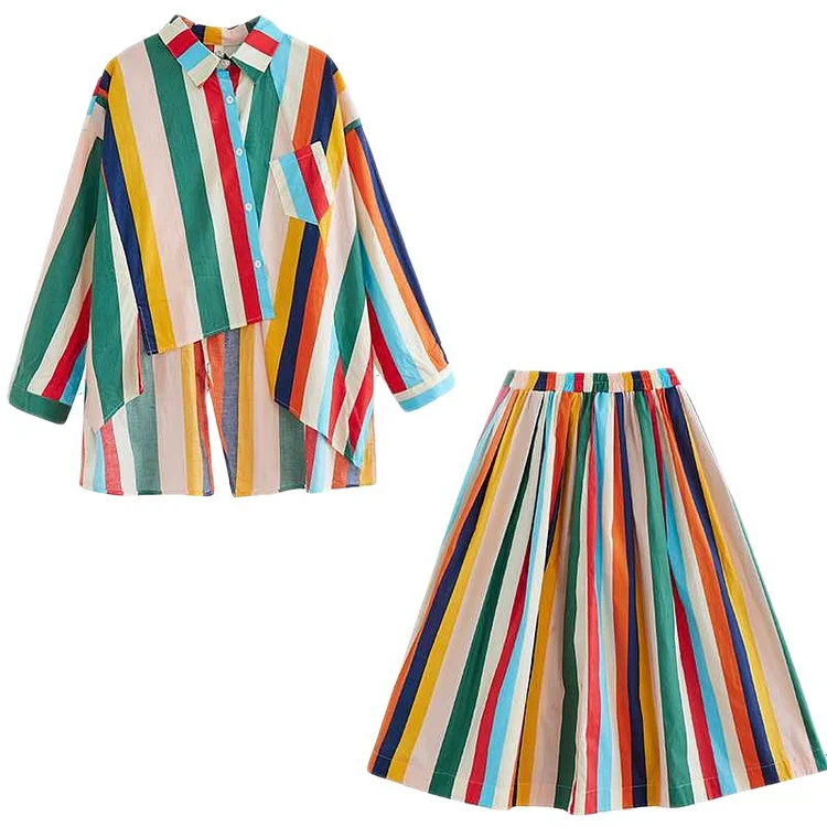 Colorful Striped Shirt and High Waisted Skirt Suits