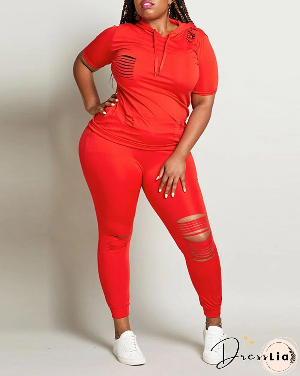 Solid Ladder Cutout Hooded Top & Pants Set