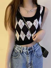Nautinvest college outfits Women Plaid Tank Tops Backless Cute Camis Female Crop Tops Knitted Tops Women Crop Tank Tops 2025 Summer