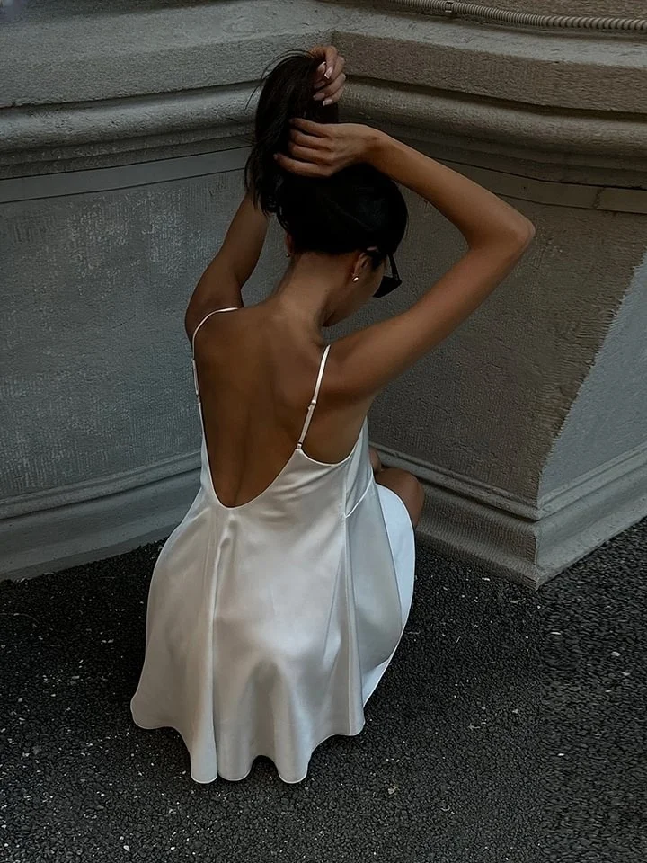 Women Summer Trend Sleeveless Backless Mesh Silk Patchwork Party Prom Loose Bodycon Mini Dress