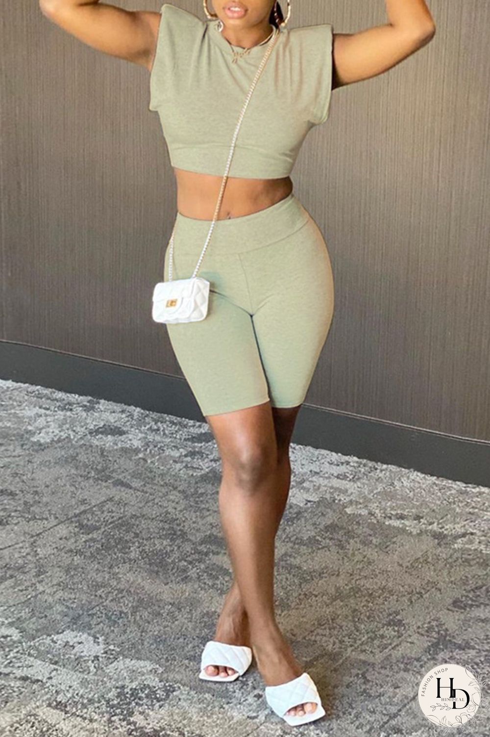 Army Green Fashion Casual Solid Basic O Neck Sleeveless Two Pieces