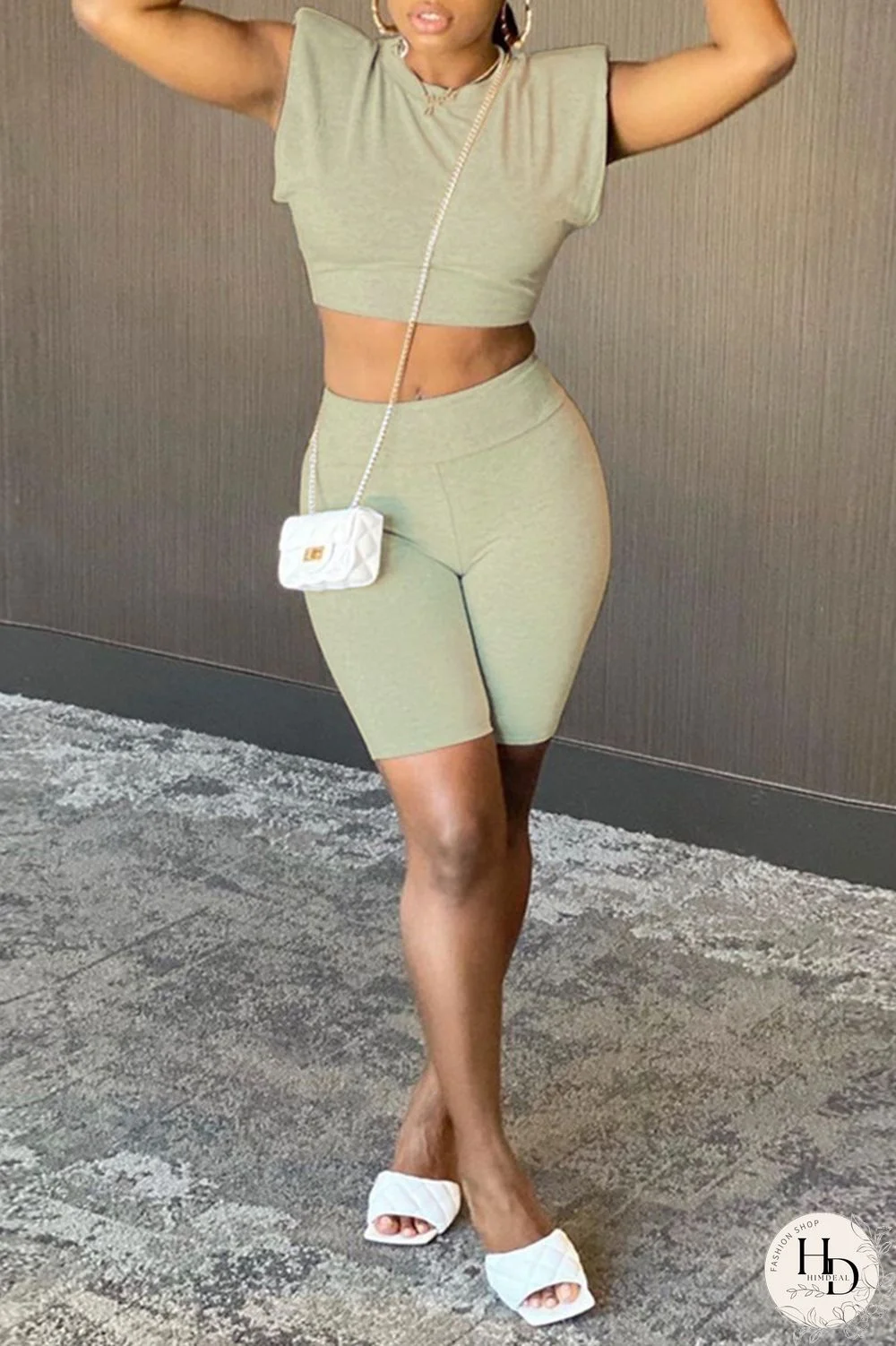 Army Green Fashion Casual Solid Basic O Neck Sleeveless Two Pieces