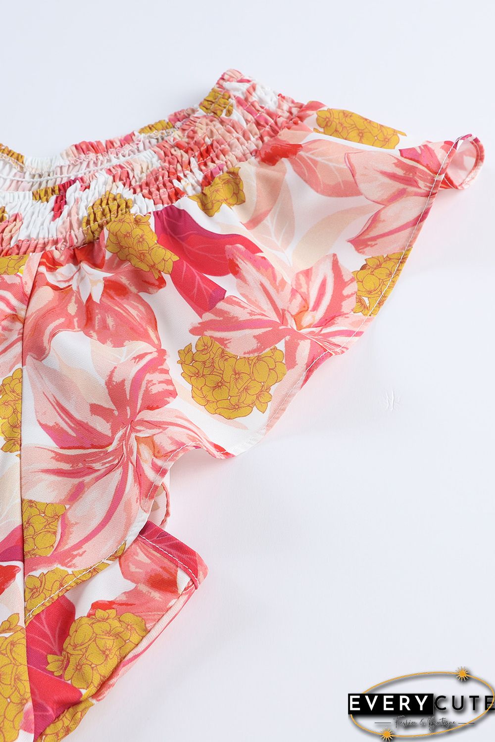 Orange Floral Print Shirred Ruffled Sleeveless Plus Size Dress